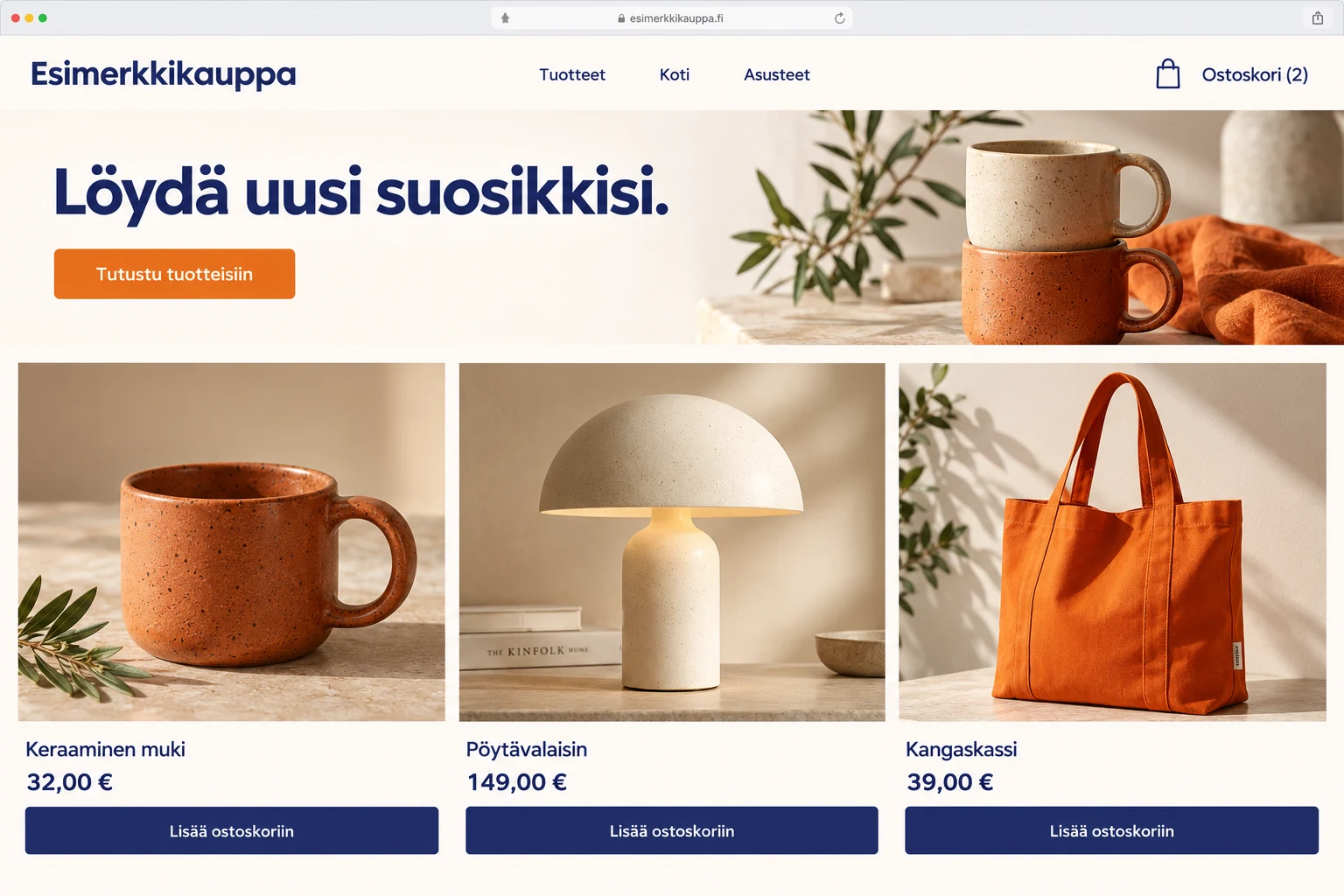 Esimerkkiverkkokauppa: tuotekuvat, hinnat, ostoskori ja Lisää ostoskoriin -painikkeet