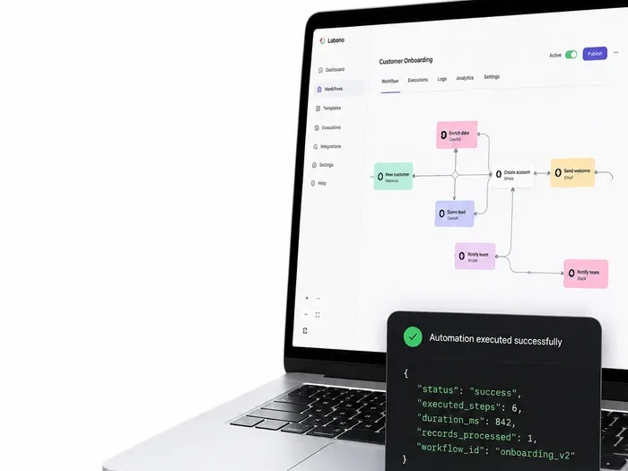 Työnkulkueditori läppärillä: asiakkaan onboarding-automaatio suoritettu onnistuneesti