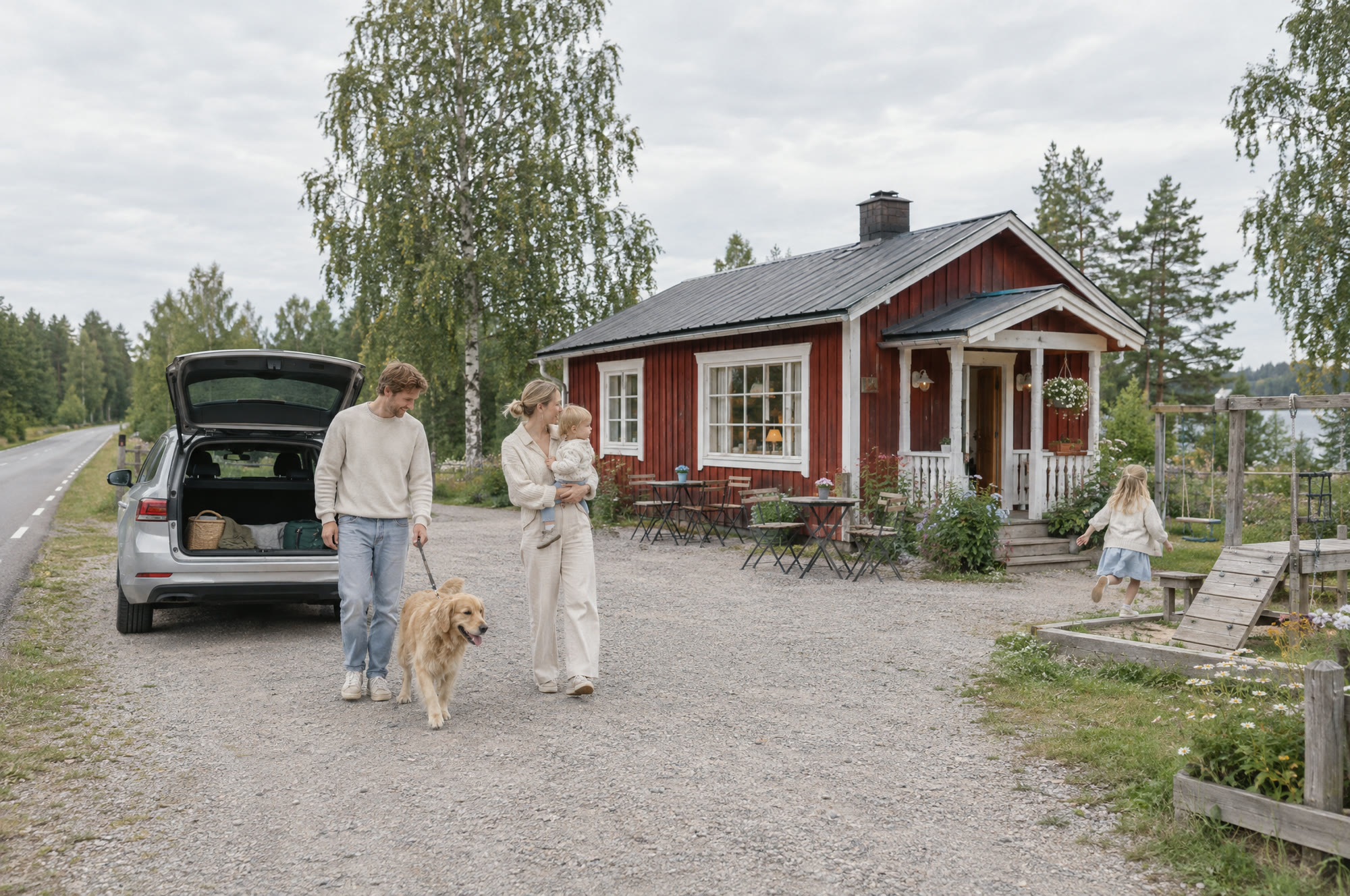 Aikuisia, lapsia ja koira punaisen kahvilarakennuksen pihalla.