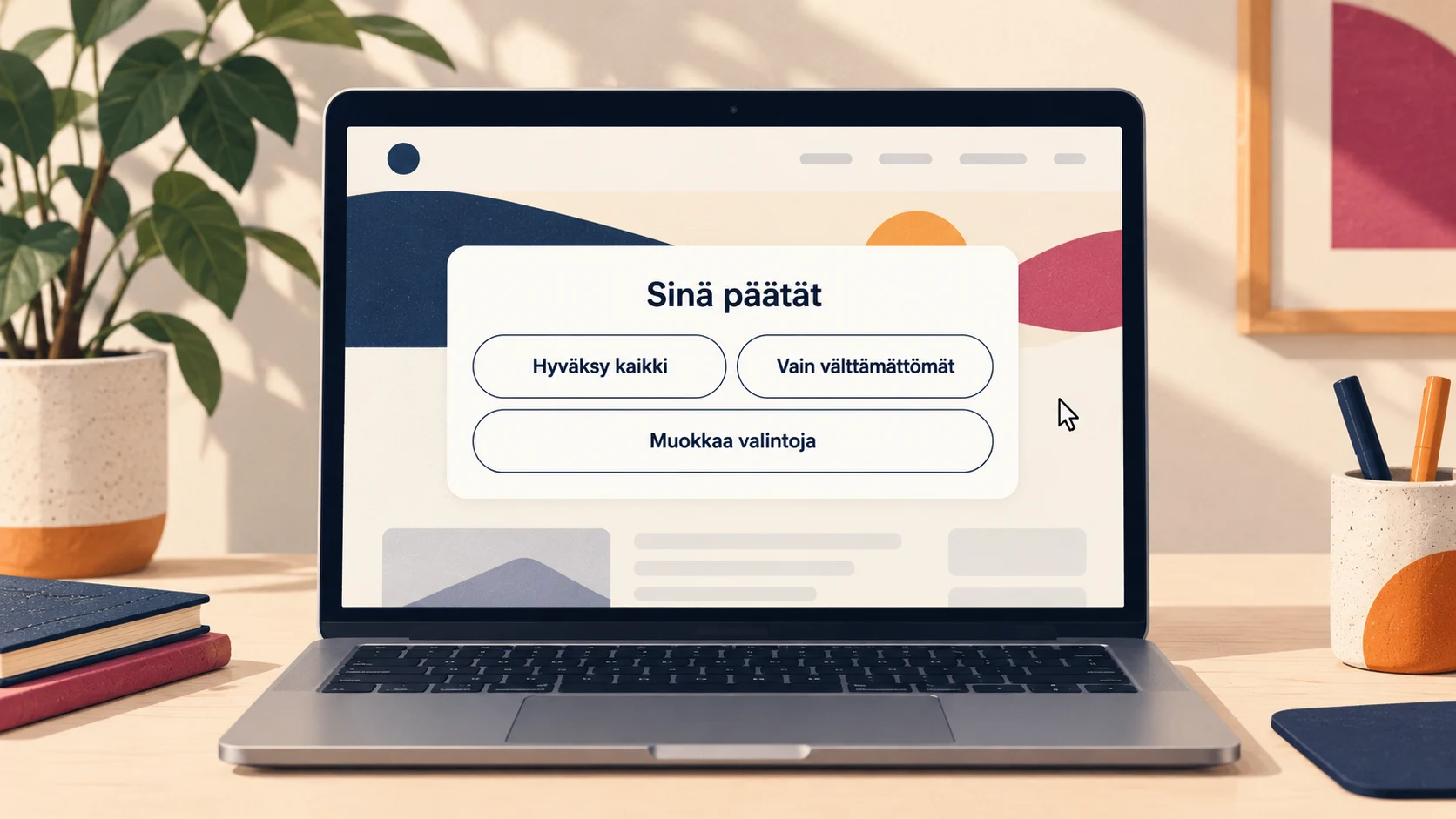 Kuvitus: kannettavan näytöllä evästebanneri, jossa voi hyväksyä kaikki, sallia vain välttämättömät tai muokata valintoja.