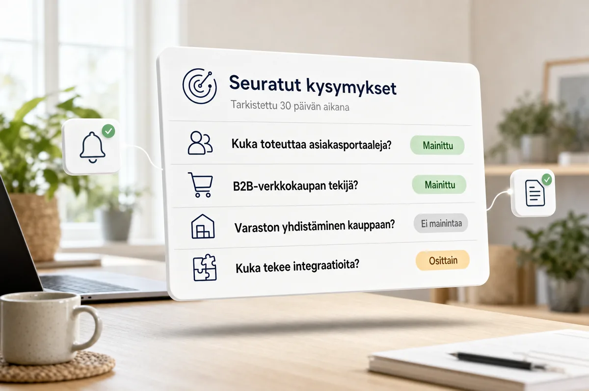 Läppärin näytöllä seurantaraportti sovituista kysymyksistä ja havainnoista