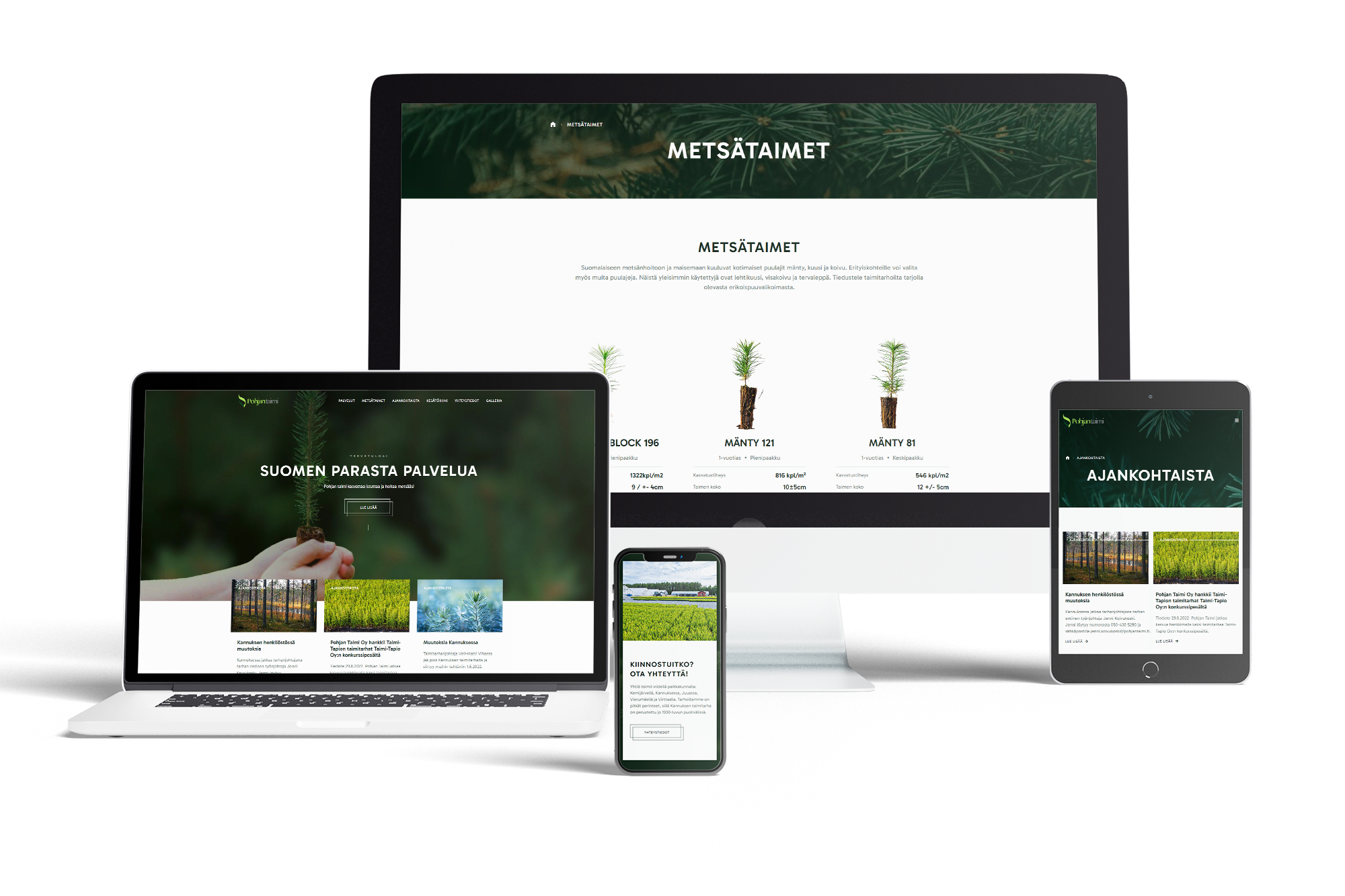 Pohjantaimen WordPress-sivusto tietokoneella, kannettavalla, tabletilla ja puhelimella