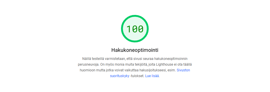 Hakukoneoptimointi - Google LightHouse hakukoneoptimointi pisteet 100