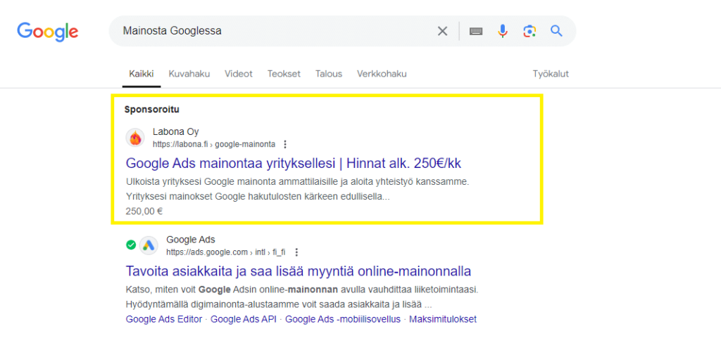 Yrityksen Google mainos heti hakutulosten kärjessä