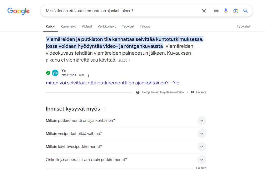 Google hakutulos pitkälle avainsanalle jossa UKK Schema mukana