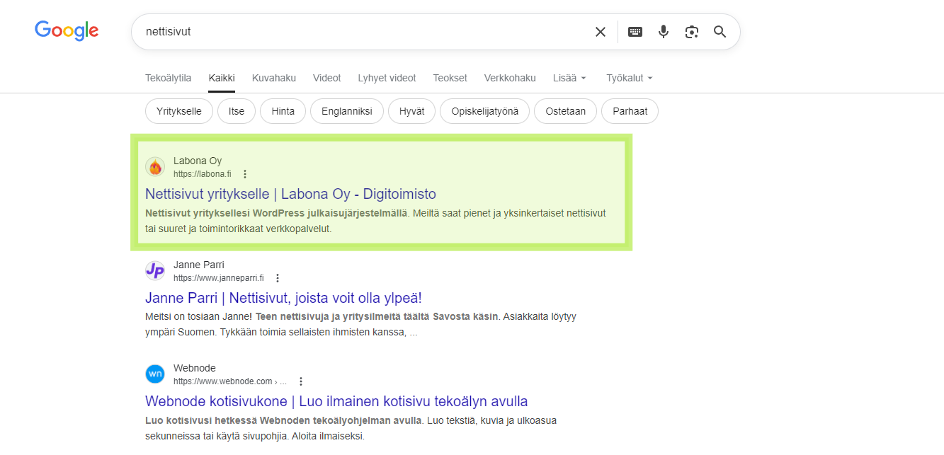 Nettisivut -hakusanalla hakutulosten kärkeen